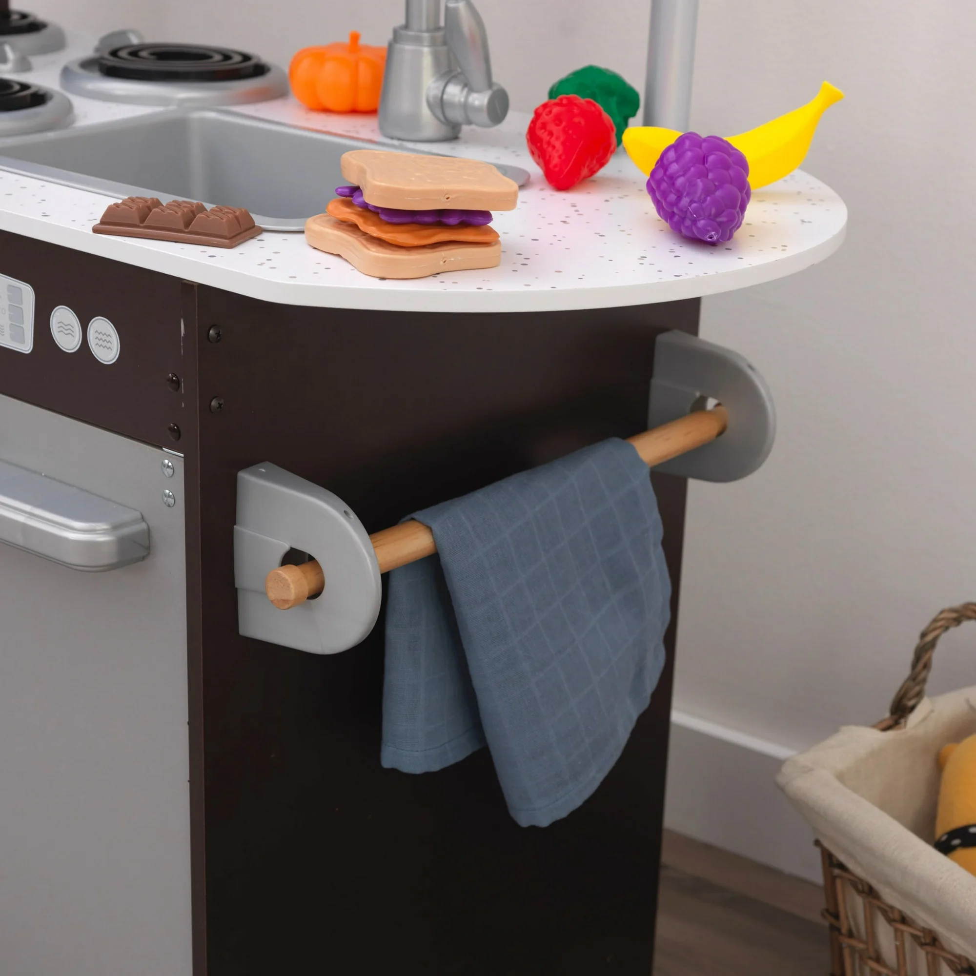 KidKraft Uptown Espresso Wooden Play Kitchen And 30-Piece Play Food Accessories | BigEasyMart.com - Image 3