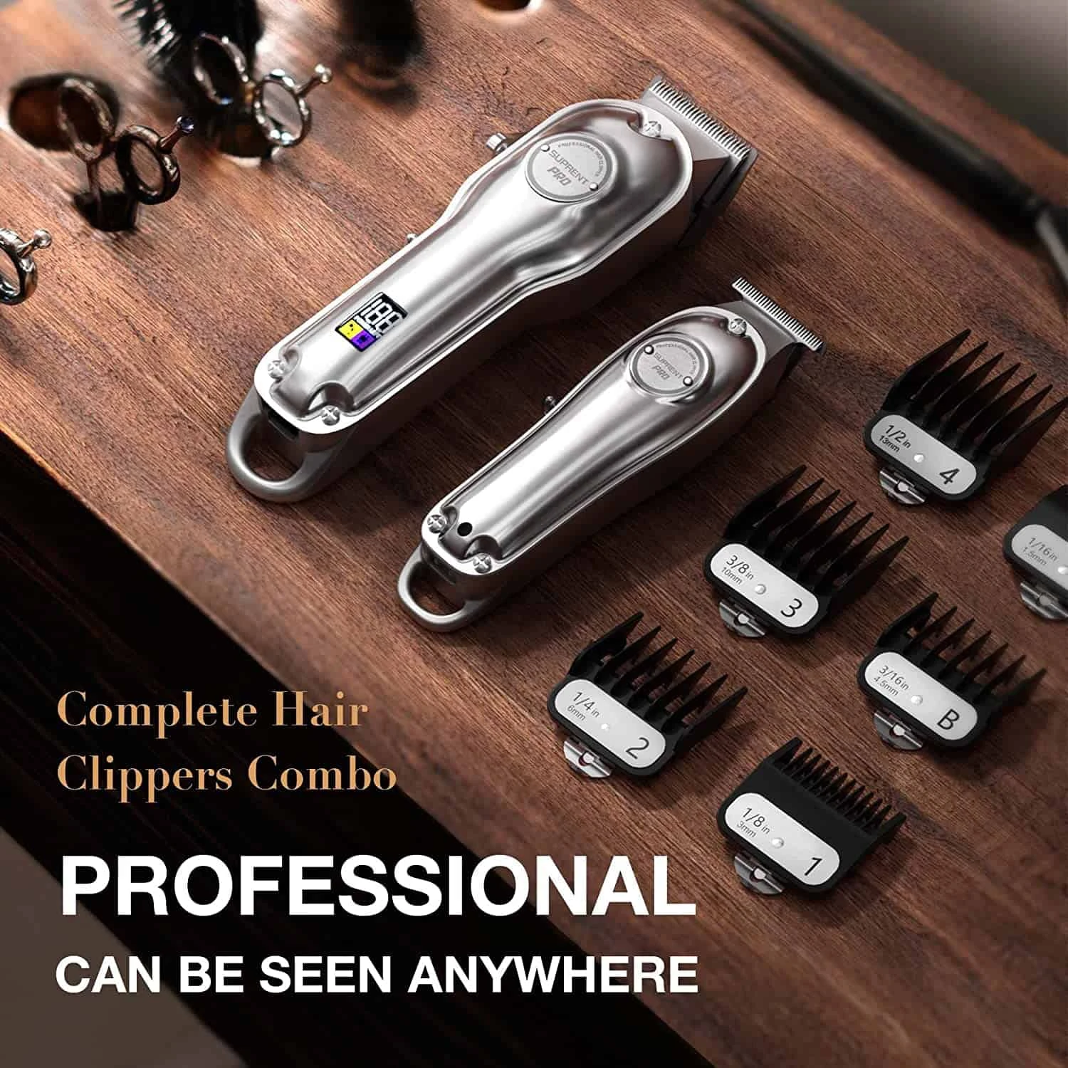 SUPRENT® Professional Hair Clippers For Men, Hair Cutting Kit & Zero Gap T-Blade Trimmer Combo, Cordless Barber Clipper Set With LED Display (Silver) | BigEasyMart.com - Image 2