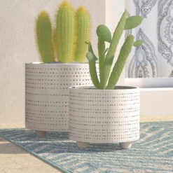 2 Piece Dotted Ceramic Footed Planters For Indoor Use, Beige Set | BigEasyMart.com