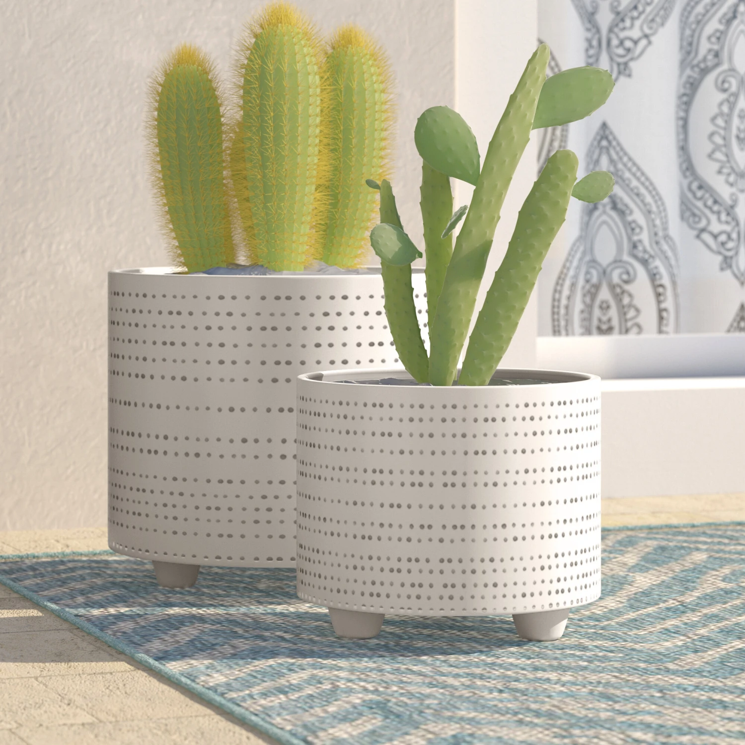 2 Piece Dotted Ceramic Footed Planters For Indoor Use, Beige Set | BigEasyMart.com