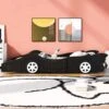 HSUNNS Twin Size Kids Race Car-Shaped Platform Bed With Wheels, Wooden Black | BigEasyMart.com