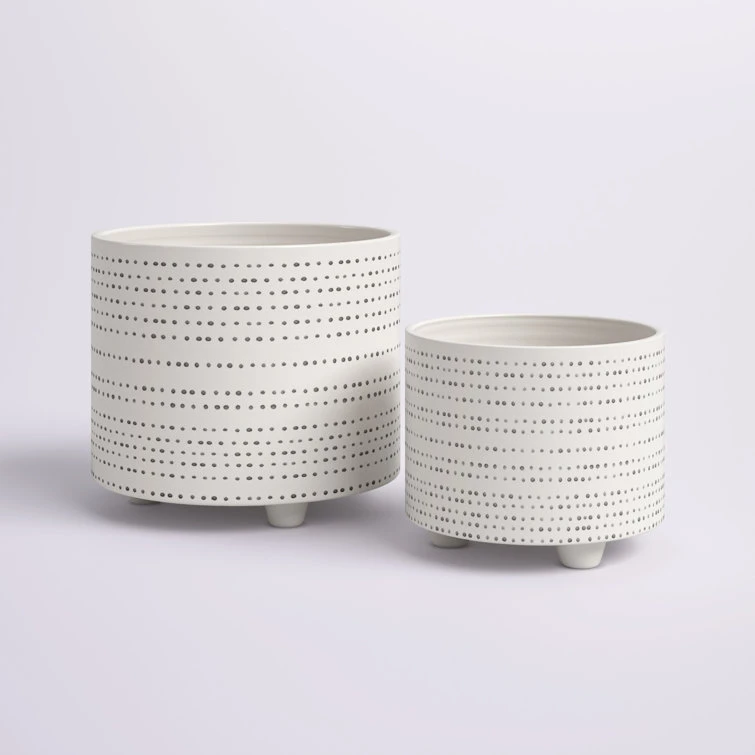 2 Piece Dotted Ceramic Footed Planters For Indoor Use, Beige Set | BigEasyMart.com - Image 4