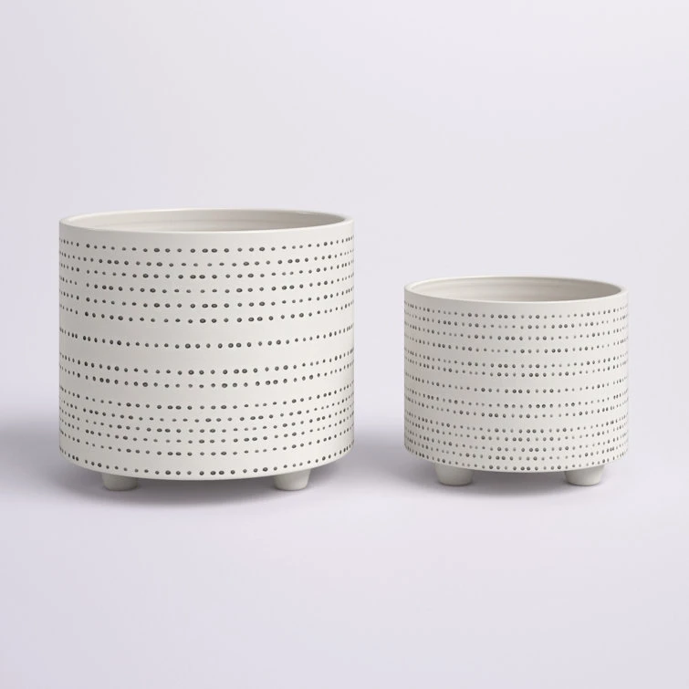 2 Piece Dotted Ceramic Footed Planters For Indoor Use, Beige Set | BigEasyMart.com - Image 5