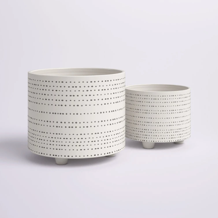 2 Piece Dotted Ceramic Footed Planters For Indoor Use, Beige Set | BigEasyMart.com - Image 2