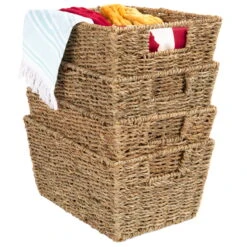 Best Choice Products Set Of 4 Multipurpose Stackable Seagrass Storage Laundry Organizer Baskets W/ Handles - Natural | BigEasyMart.com