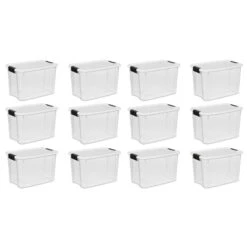 Sterilite 30 Quart Clear Plastic Storage Bin With White Latch Lid, 12 Pack | BigEasyMart.com