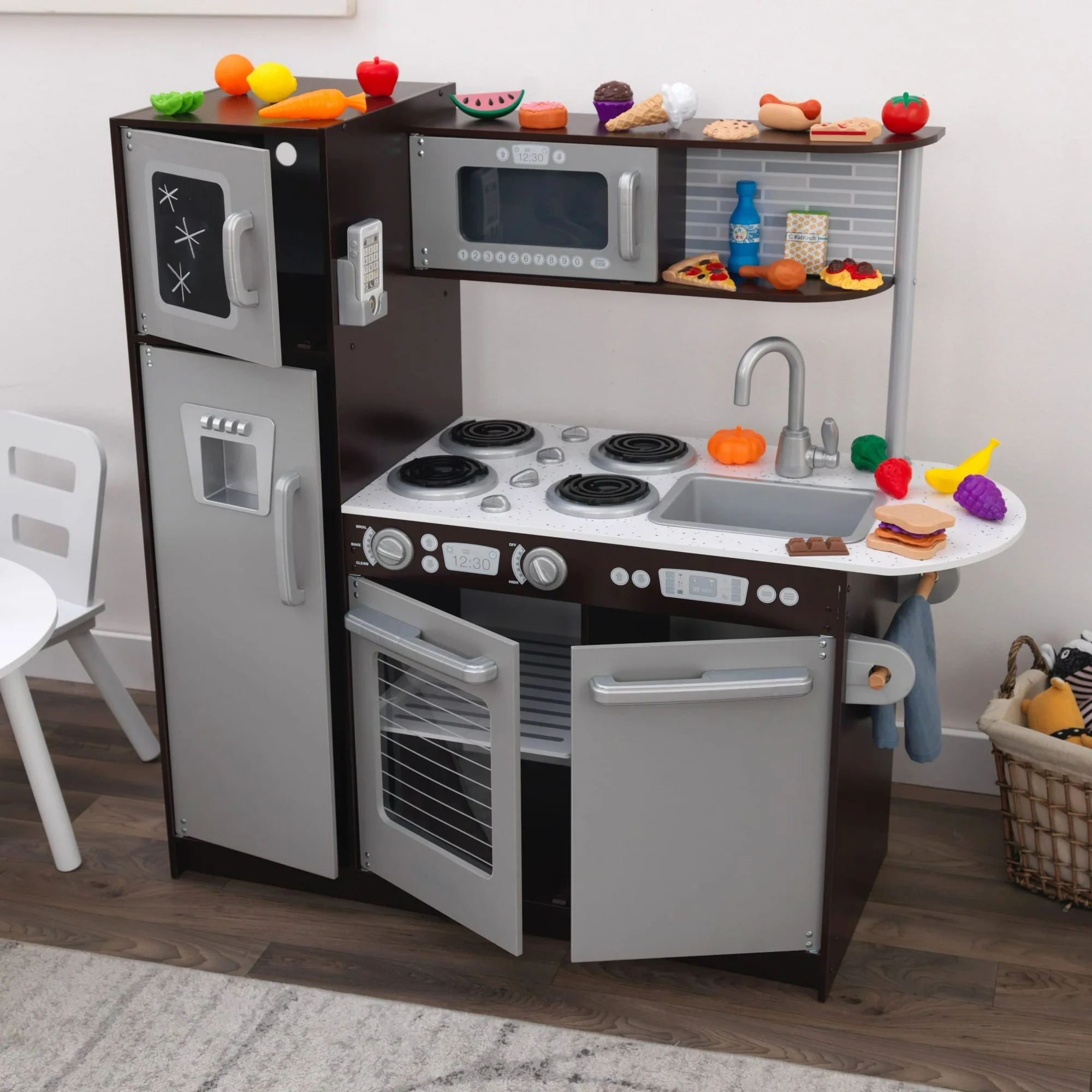 KidKraft Uptown Espresso Wooden Play Kitchen And 30-Piece Play Food Accessories | BigEasyMart.com - Image 4