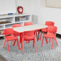 BizChair 23.625''W X 47.25''L Rectangular Red Plastic Height Adjustable Activity Table Set With 6 Chairs | BigEasyMart.com