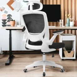Ergonomic Office Chair, Coolhut Breathable Mesh Desk Chair With Headrest And Flip-up Arms (White) | BigEasyMart.com