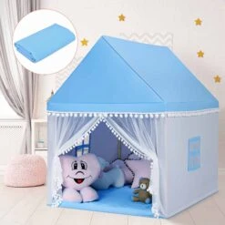 Costway Kids Play Tent Large Playhouse Children Play Castle Fairy Tent Gift W/ Mat Blue | BigEasyMart.com