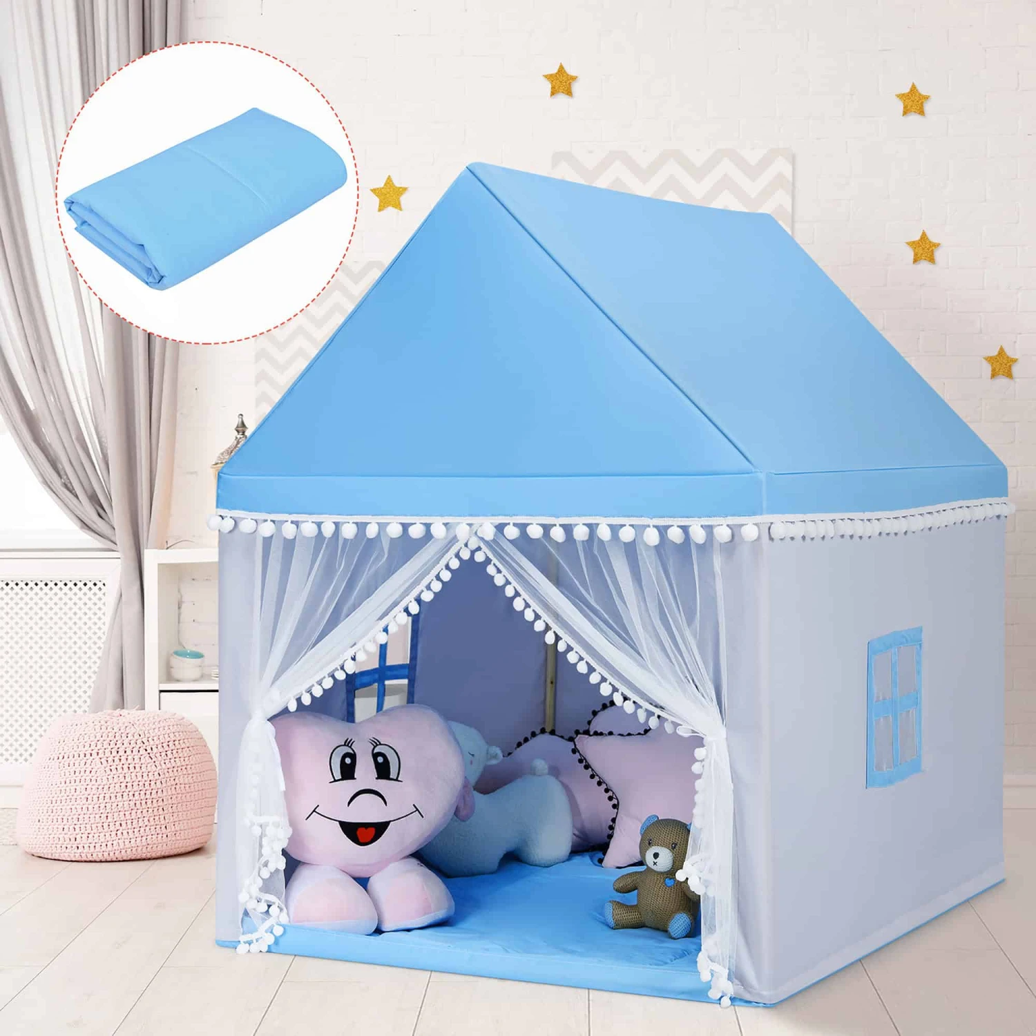 Costway Kids Play Tent Large Playhouse Children Play Castle Fairy Tent Gift W/ Mat Blue | BigEasyMart.com