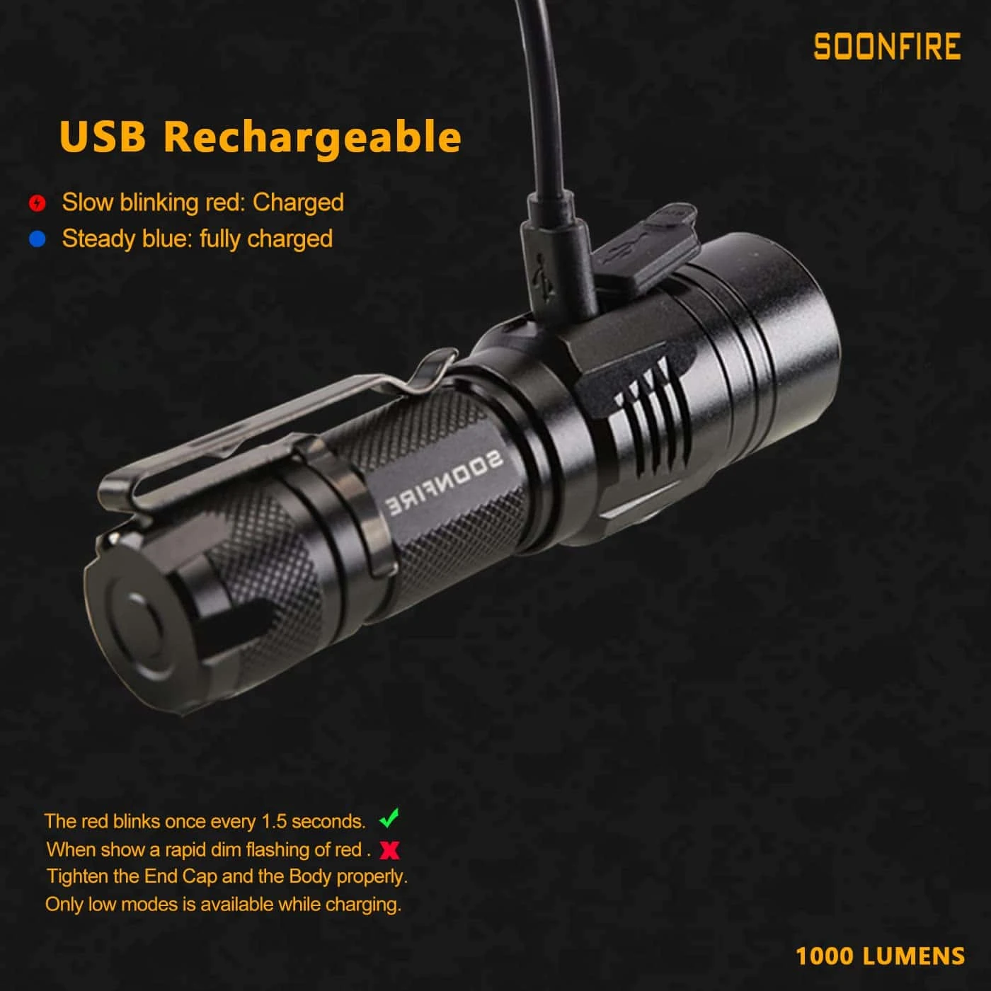Soonfire Cree LED 1000 Lumens Flashlight, Rechargeable Waterproof Compact EDC Law Flashlights, Black | BigEasyMart.com - Image 5