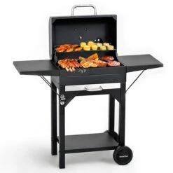 MASTER COOK Charcoal Grill With Two Side Tables, Heavy-duty Steel Barbecue BBQ Grill For Outdoor Picnic Backyard Patio And Parties, Black | BigEasyMart.com
