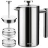 Secura French Press Coffee Maker, 304 Grade Stainless Steel Insulated Coffee Press With 2 Extra Screens, 34oz (1 Litre), Silver | BigEasyMart.com