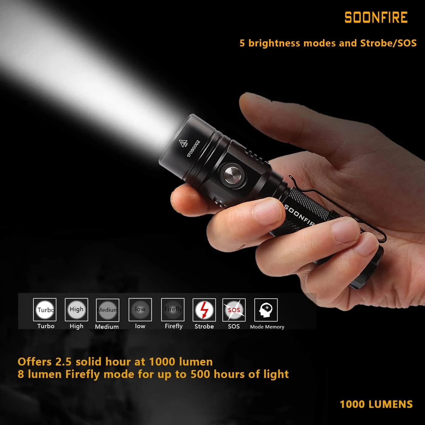 Soonfire Cree LED 1000 Lumens Flashlight, Rechargeable Waterproof Compact EDC Law Flashlights, Black | BigEasyMart.com - Image 8