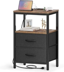 Huuger Nightstand With Charging Station, Side Table With Fabric Drawers, Rustic Brown | BigEasyMart.com