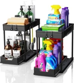 2 Pack Under Sink Organizers And Storage, 2-Tier Sliding Cabinet Basket Organizer With Hooks | BigEasyMart.com