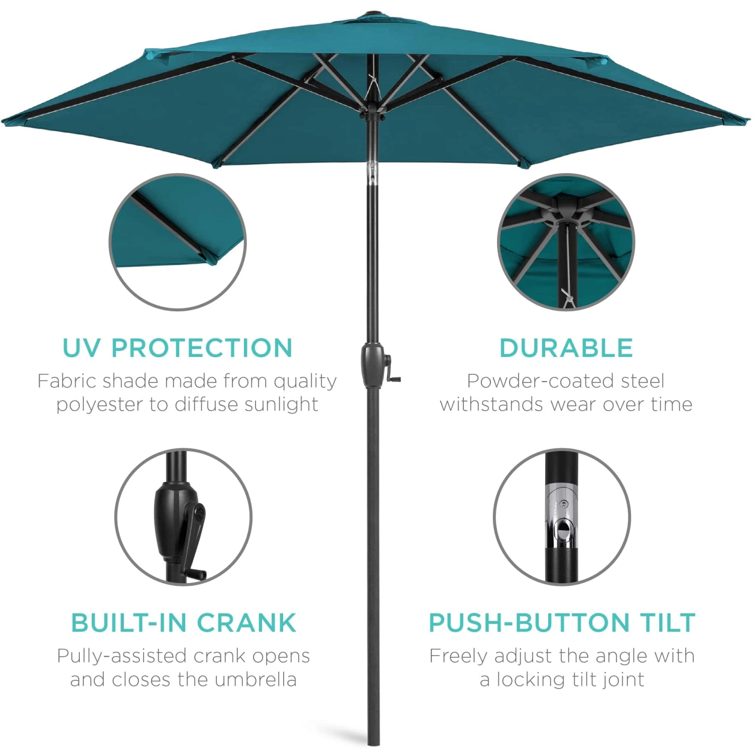 Best Choice Products 7.5ft Heavy-Duty Round Outdoor Market Table Patio Umbrella W/Steel Pole - Cerulean | BigEasyMart.com - Image 4
