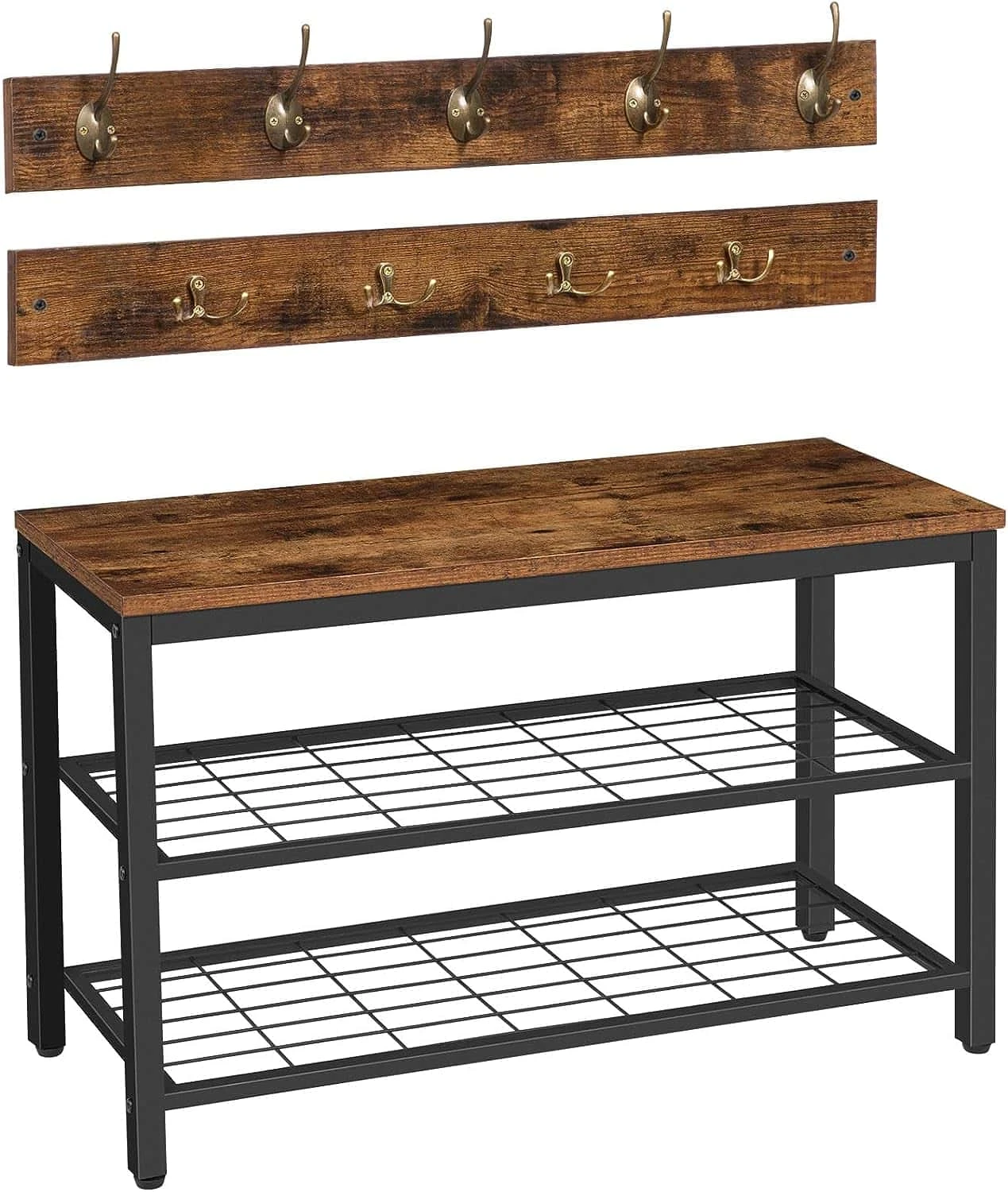 HOOBRO Shoe Bench Set, Entryway Shoe Rack With Coat Hooks, Hall Tree Coat Rack, Mud Room Bench, Rustic Brown BF07MT01 | BigEasyMart.com