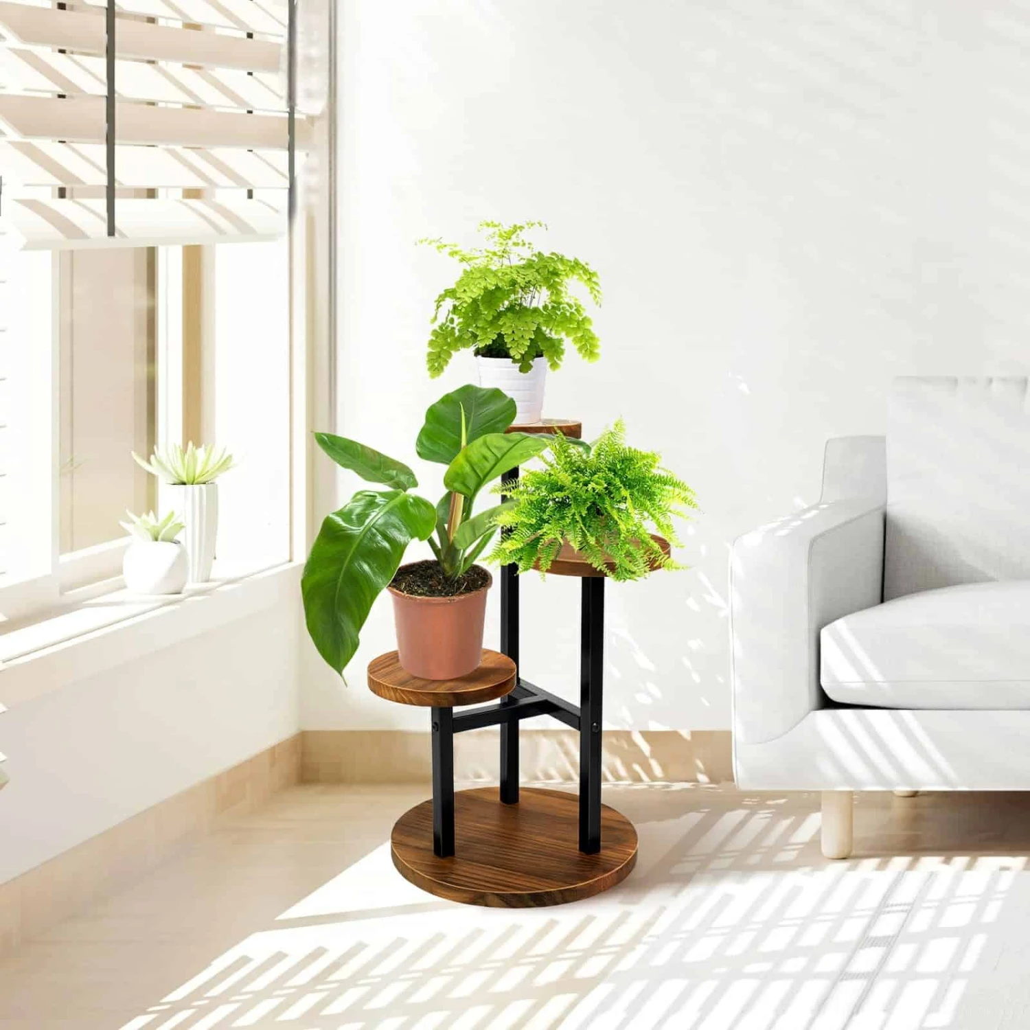 AUGOSTA 3 Tier Plant Stand, Tall Metal Wood Shelf Holder For Indoor, Outdoor Display Rack Flower Pot Stand | BigEasyMart.com - Image 5