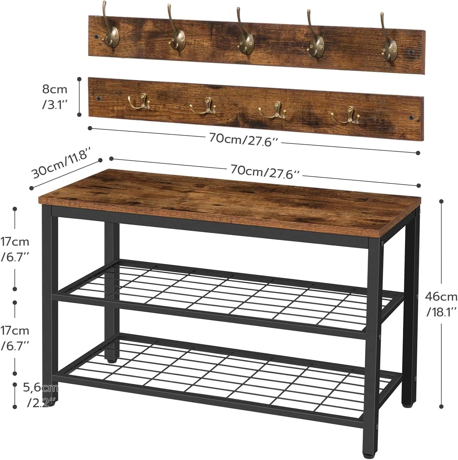 HOOBRO Shoe Bench Set, Entryway Shoe Rack With Coat Hooks, Hall Tree Coat Rack, Mud Room Bench, Rustic Brown BF07MT01 | BigEasyMart.com - Image 5