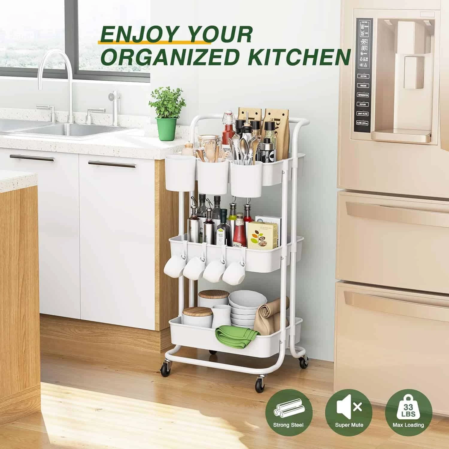 LEHOM Versatile 3-Tier Rolling Utility Cart For Organized Storage | BigEasyMart.com - Image 7