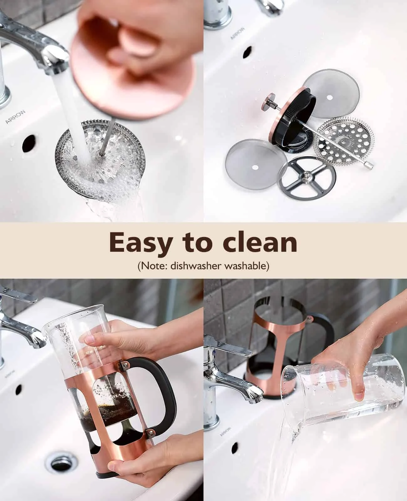 BAYKA 34 Ounce 1 Liter French Press Coffee Maker, Glass Classic Copper Stainless Steel Coffee Press | BigEasyMart.com - Image 2