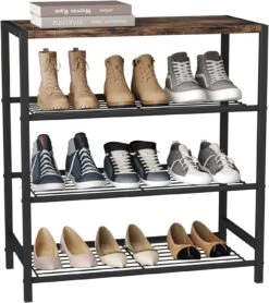 HOMEFORT 4-Tier Metal Shoe Rack, All-Metal Shoe Tower,Shoe Storage Shelf With MDF Top Board, Rustic Brown | BigEasyMart.com