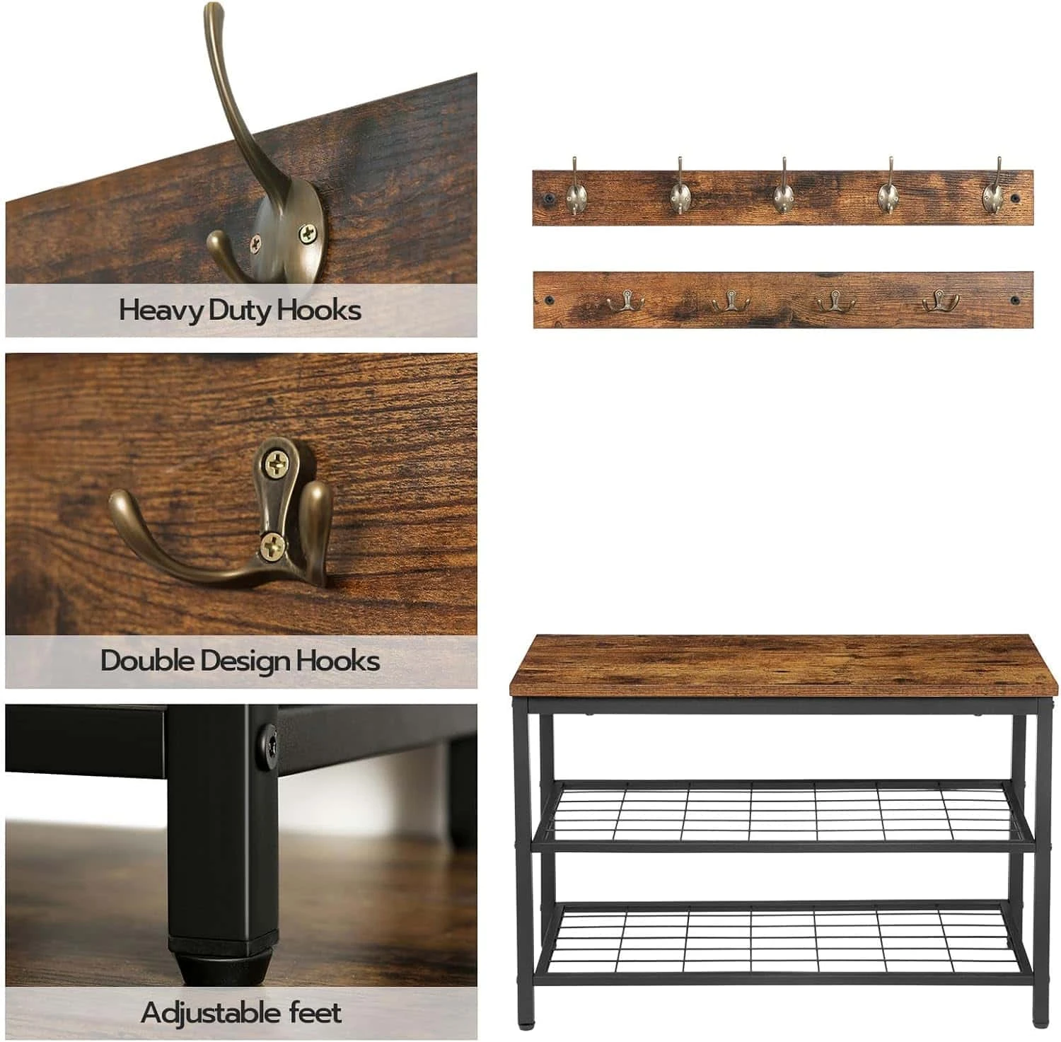 HOOBRO Shoe Bench Set, Entryway Shoe Rack With Coat Hooks, Hall Tree Coat Rack, Mud Room Bench, Rustic Brown BF07MT01 | BigEasyMart.com - Image 6
