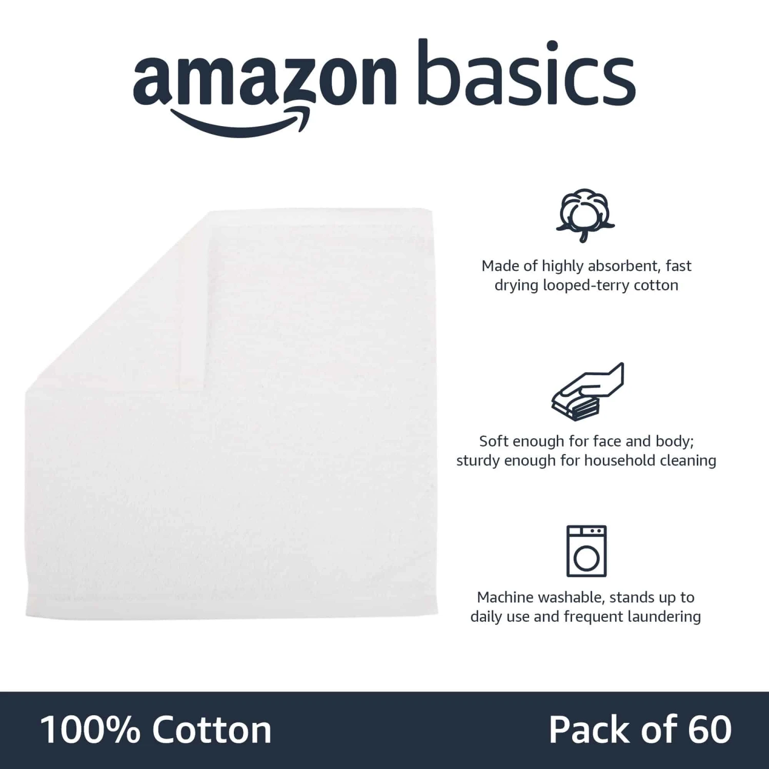 Amazon Basics Bath Towel For Face, Bathroom, Fast Drying Salon Towels, 60 Pack, White (12 X 12 Inches) | BigEasyMart.com - Image 6