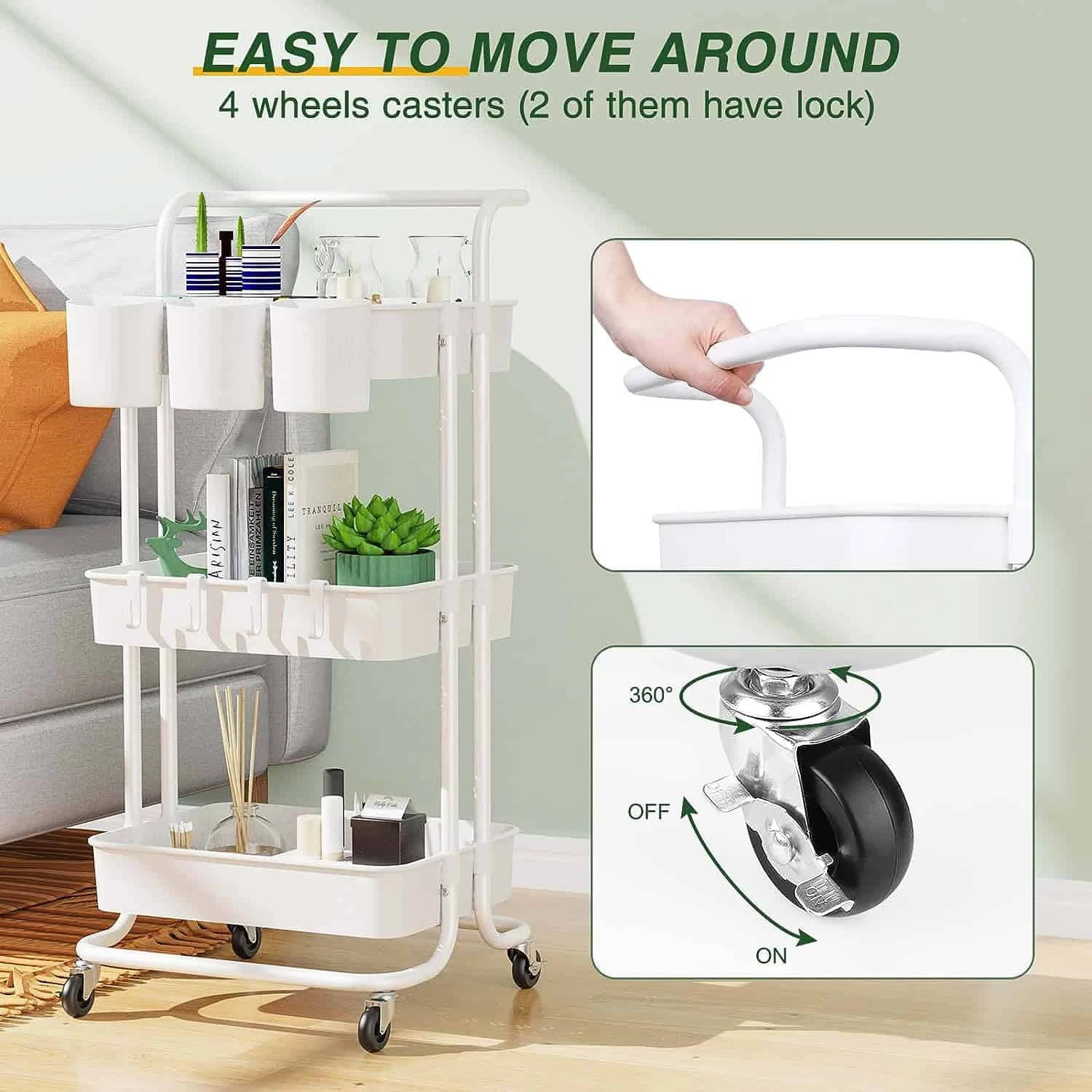 LEHOM Versatile 3-Tier Rolling Utility Cart For Organized Storage | BigEasyMart.com - Image 4