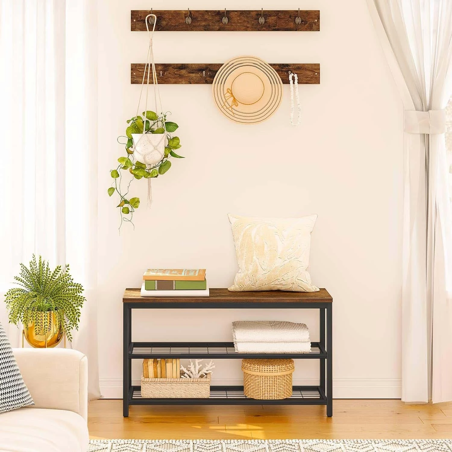 HOOBRO Shoe Bench Set, Entryway Shoe Rack With Coat Hooks, Hall Tree Coat Rack, Mud Room Bench, Rustic Brown BF07MT01 | BigEasyMart.com - Image 7