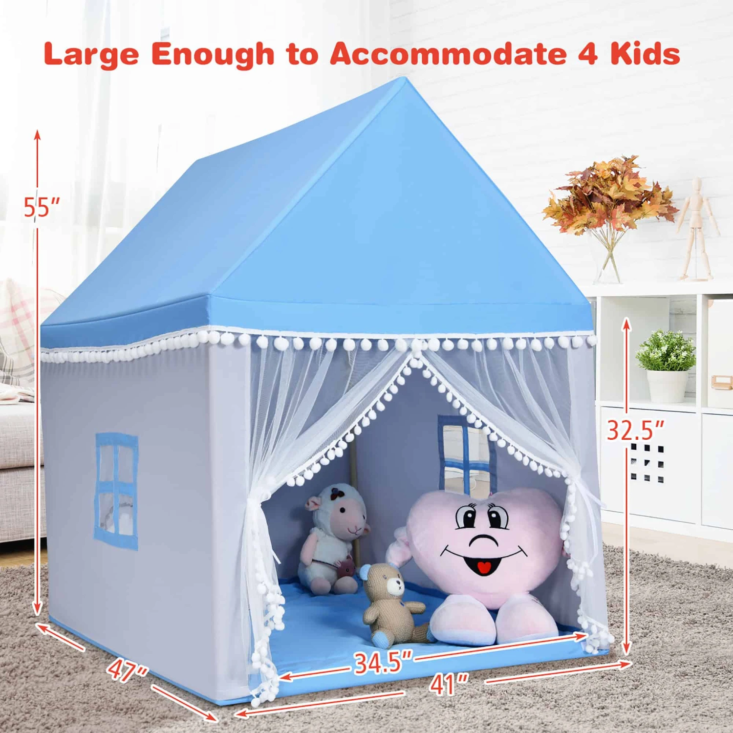 Costway Kids Play Tent Large Playhouse Children Play Castle Fairy Tent Gift W/ Mat Blue | BigEasyMart.com - Image 6