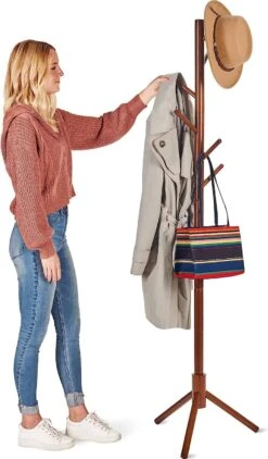 ZOBER Coat Rack Free Standing - Wooden Coat Tree W/ 6 Hooks - Coats, Purses, Hats - Adjustable Sizes, Easy Assembly - Vintage | BigEasyMart.com