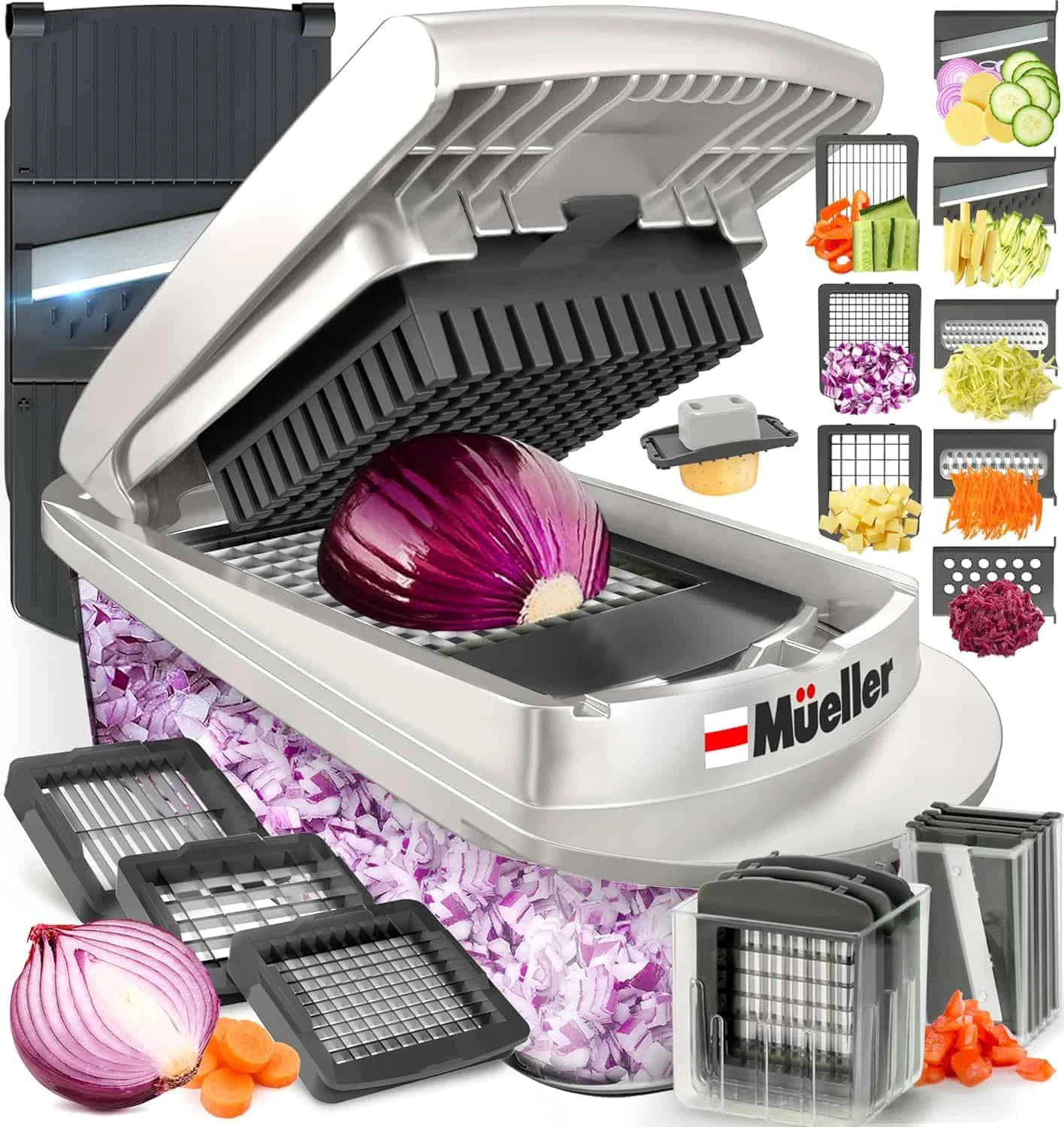 Mueller Pro-Series 10-in-1, 8 Blade Vegetable Chopper, Onion Mincer, Cutter, Dicer, Egg Slicer With Container | BigEasyMart.com