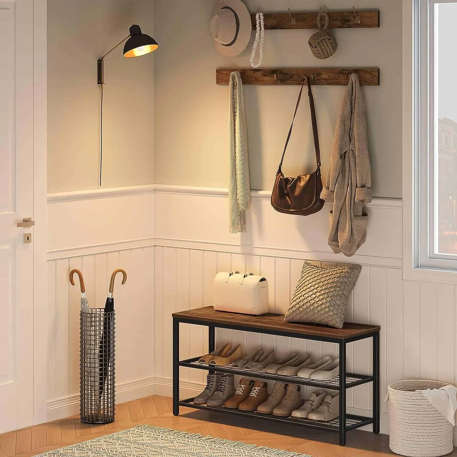 HOOBRO Shoe Bench Set, Entryway Shoe Rack With Coat Hooks, Hall Tree Coat Rack, Mud Room Bench, Rustic Brown BF07MT01 | BigEasyMart.com - Image 3