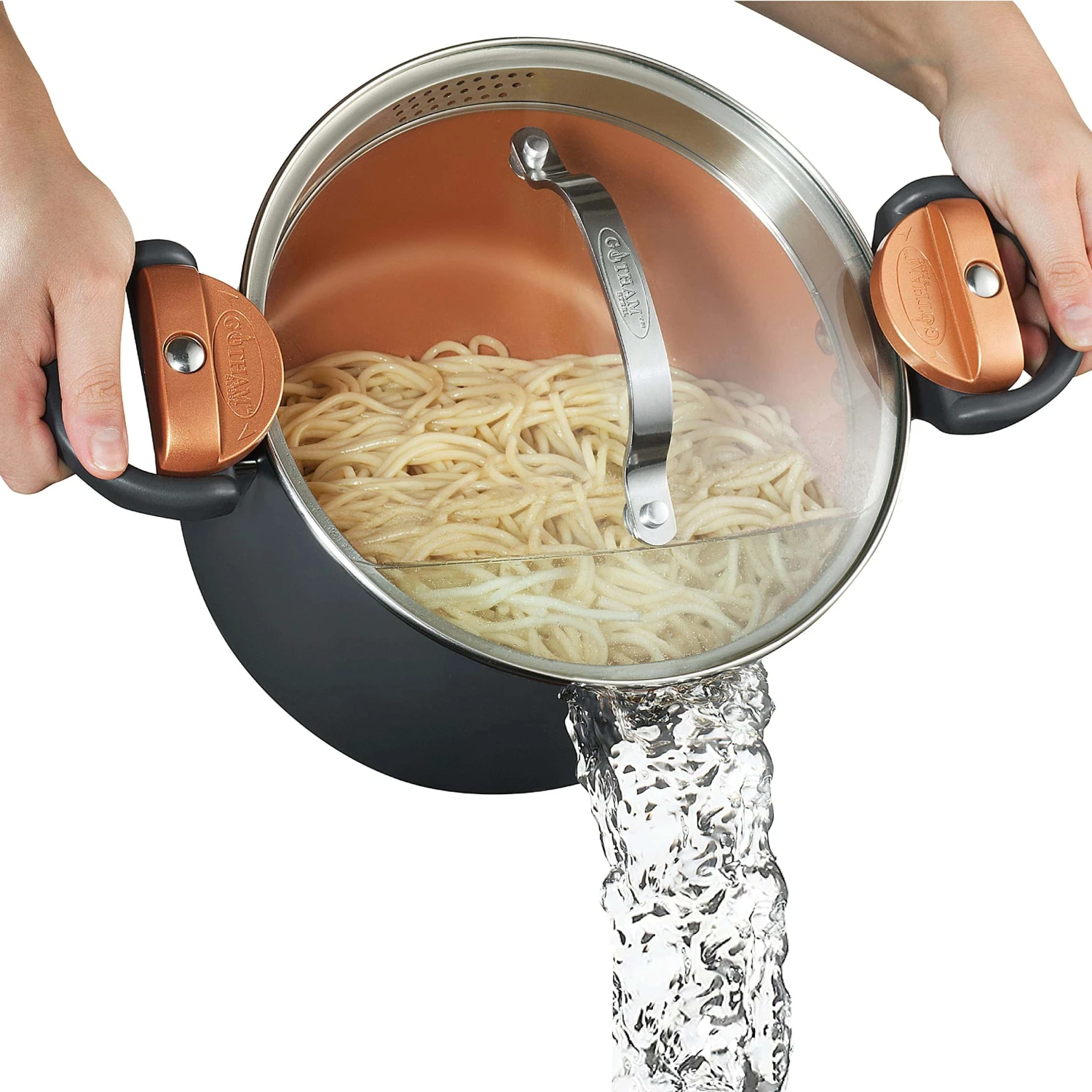 Gotham Steel 5 Quart Stock Multipurpose Pasta Pot With Strainer Lid & Twist And Lock Handles | BigEasyMart.com
