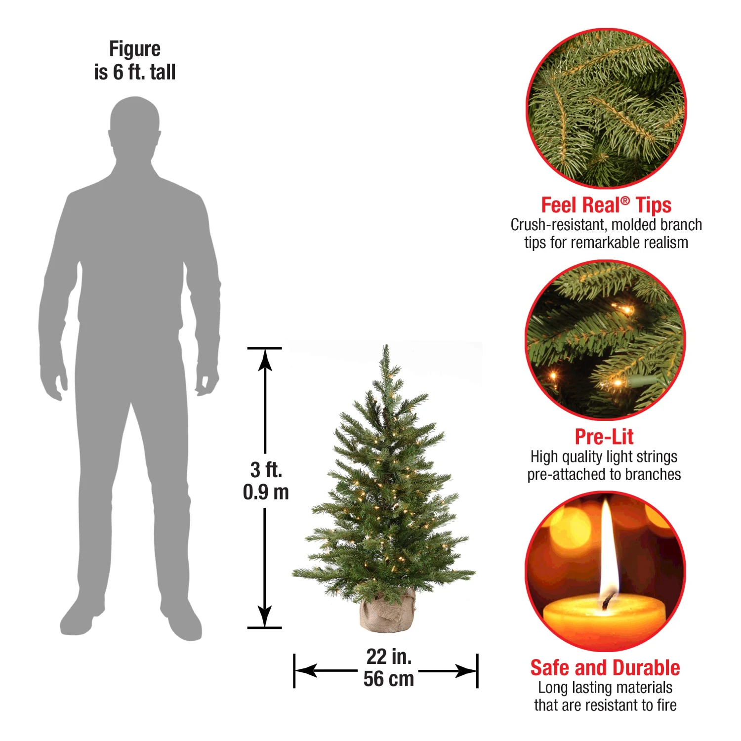 National Tree Company Pre-Lit 'Feel Real' Artificial Mini Christmas Tree, Green, Nordic Spruce, White Lights, Includes Burlap Bag Base, 3 Feet | BigEasyMart.com - Image 3