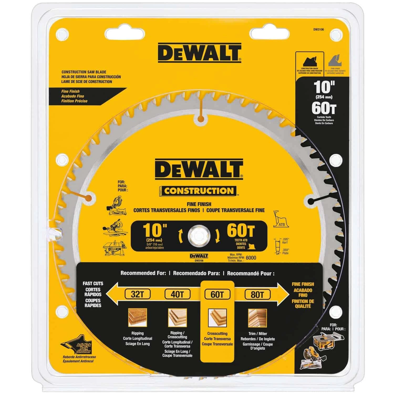 DeWalt 10 In. D X 5/8 In. Carbide Circular Saw Blade 60 Teeth 1 Pk | BigEasyMart.com