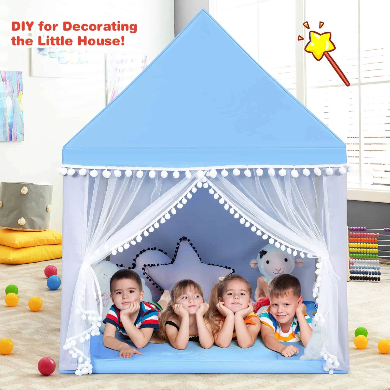 Costway Kids Play Tent Large Playhouse Children Play Castle Fairy Tent Gift W/ Mat Blue | BigEasyMart.com - Image 2
