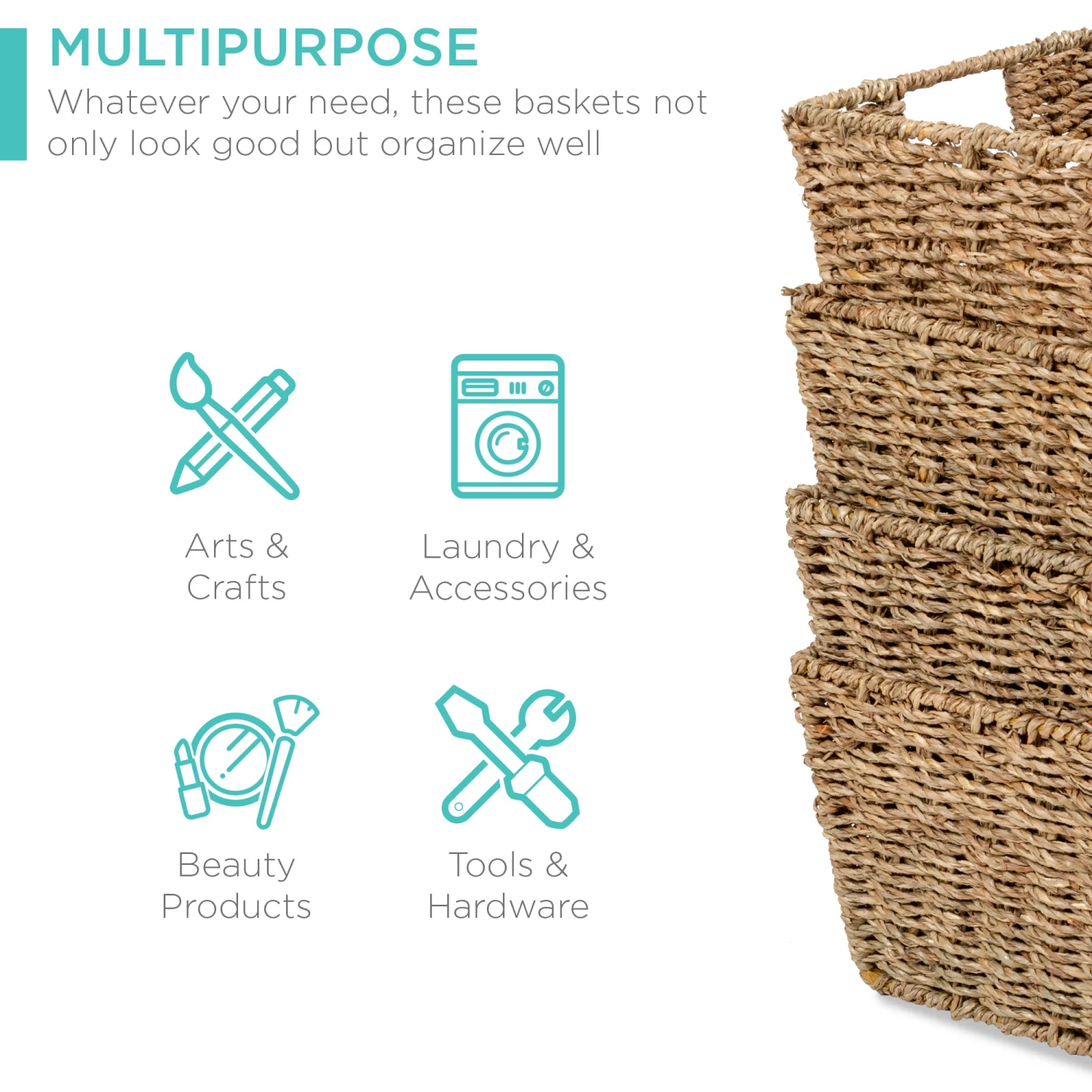 Best Choice Products Set Of 4 Multipurpose Stackable Seagrass Storage Laundry Organizer Baskets W/ Handles - Natural | BigEasyMart.com - Image 3