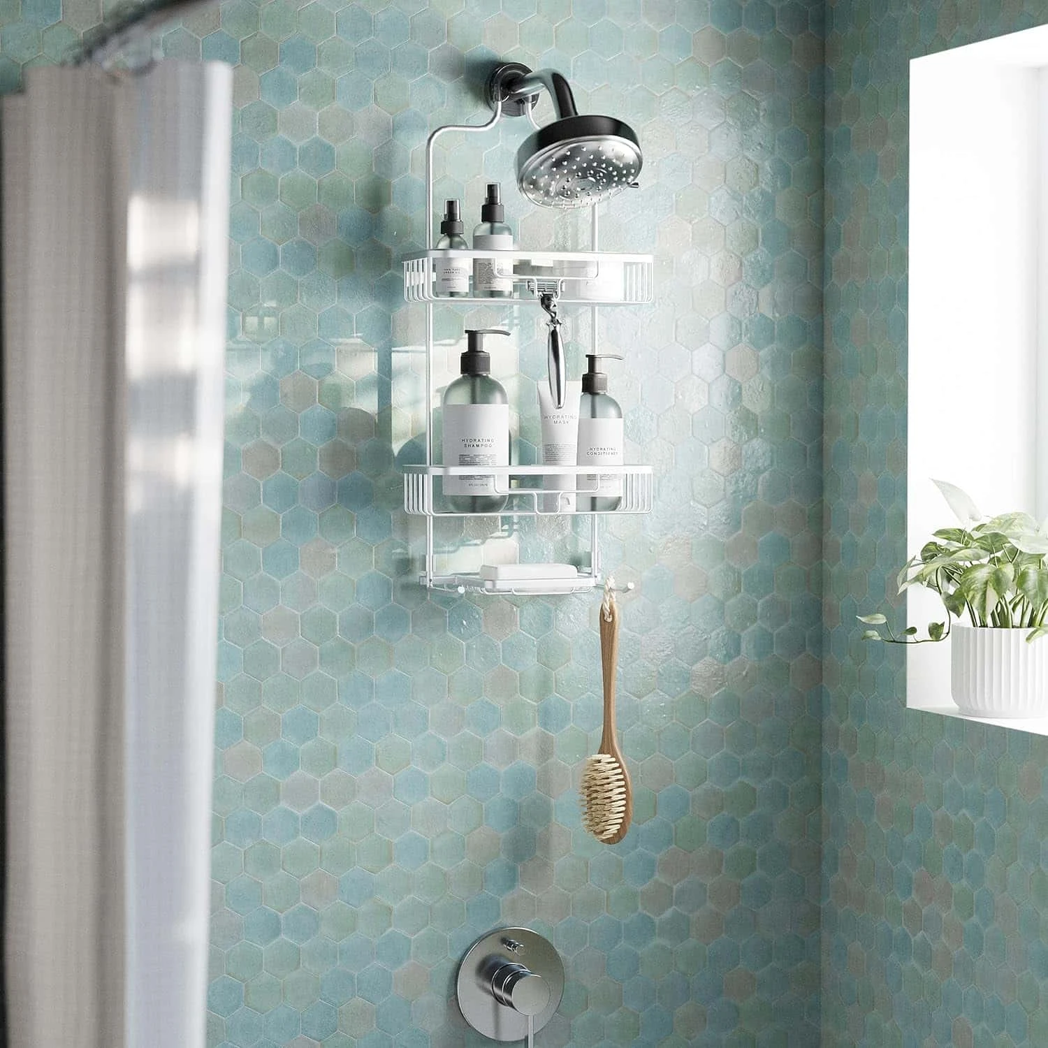 Zenna Home Hanging Shower Caddy, Over The Shower Head Bathroom Storage | BigEasyMart.com - Image 2