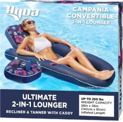 Aqua Campania Ultimate 2-in-1 Pool Float Lounge – Extra Large – Inflatable Pool Floats For Adults With Adjustable Backrest & Cupholder Caddy – Navy Hibiscus | BigEasyMart.com