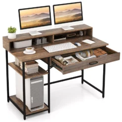 Costway 48” Computer Desk With Monitor Stand Home Office Writing Desk With Storage Drawer And 2 Open Shelves Rustic Brown | BigEasyMart.com