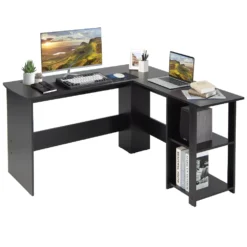 Costway L-Shaped Computer Desk - Corner Desk For Small Spaces, Home Office Writing Desk With 2-Tier Open Shelf | BigEasyMart.com