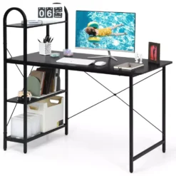 Costway 48'' Reversible Computer Desk Writing Table Workstation W/ Storage Shelf BlackBrown - Black | BigEasyMart.com