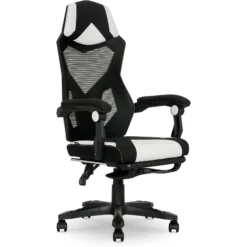 Gamer Gear Gaming Office Chair With Extendable Leg Rest, White And Black Fabric Upholstery | BigEasyMart.com