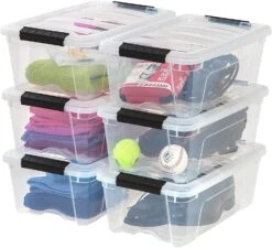 IRIS USA 12 Qt. Plastic Storage Bin Tote Organizing Container, 6 Pack, Clear With Black Buckle | BigEasyMart.com