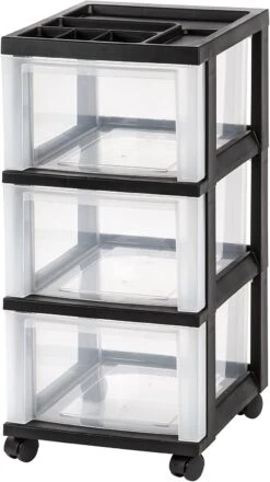 IRIS USA MC Plastic Storage Drawer, Rolling Cart With Organizer Top, 3, Black | BigEasyMart.com