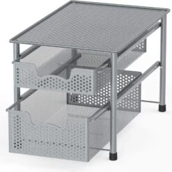 Simple Houseware Stackable 2 Tier Sliding Basket Organizer Drawer, Silver | BigEasyMart.com